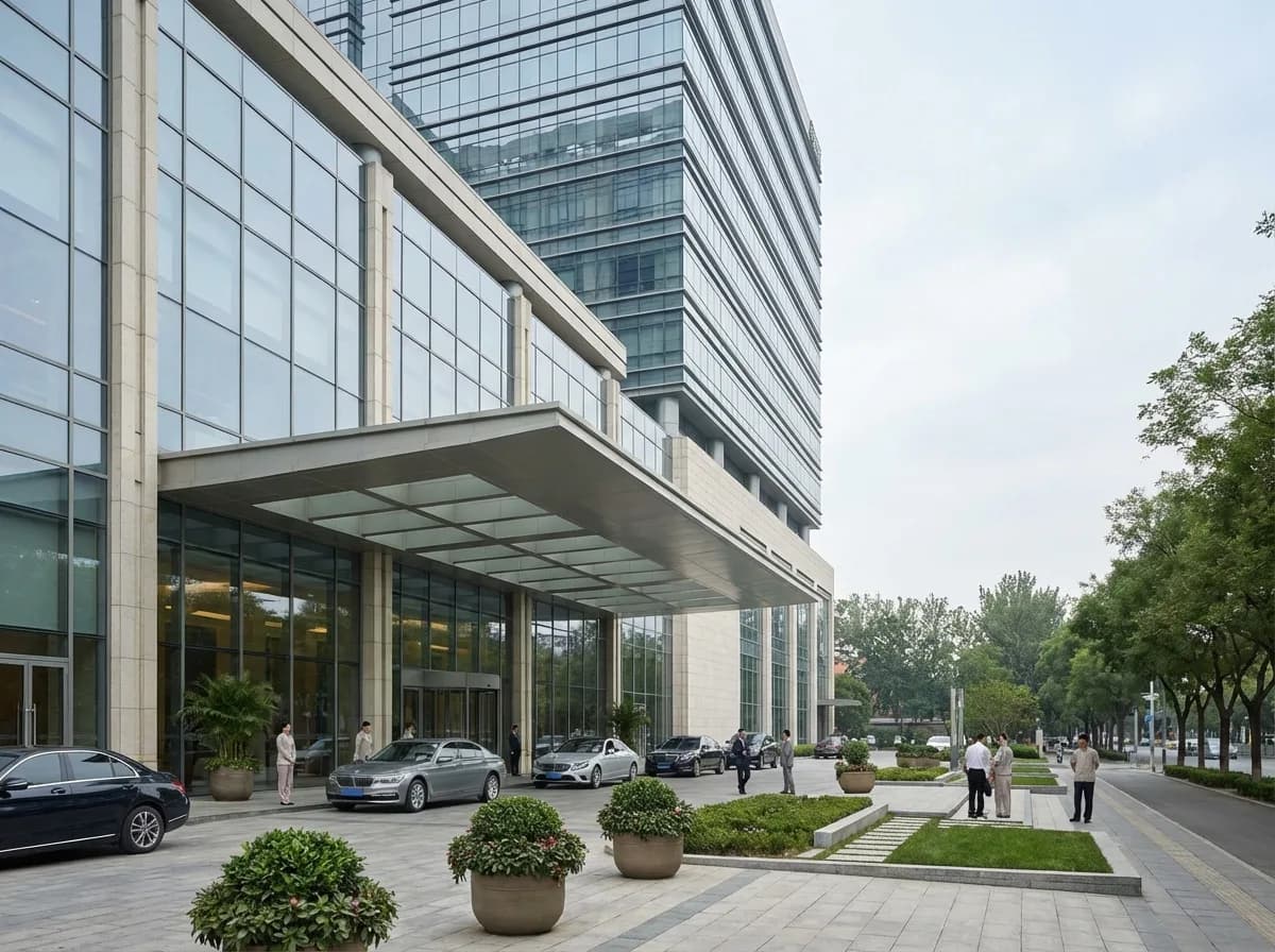 Photorealistic scene of Beijing United Family Hospital exterior and outpatient arrival