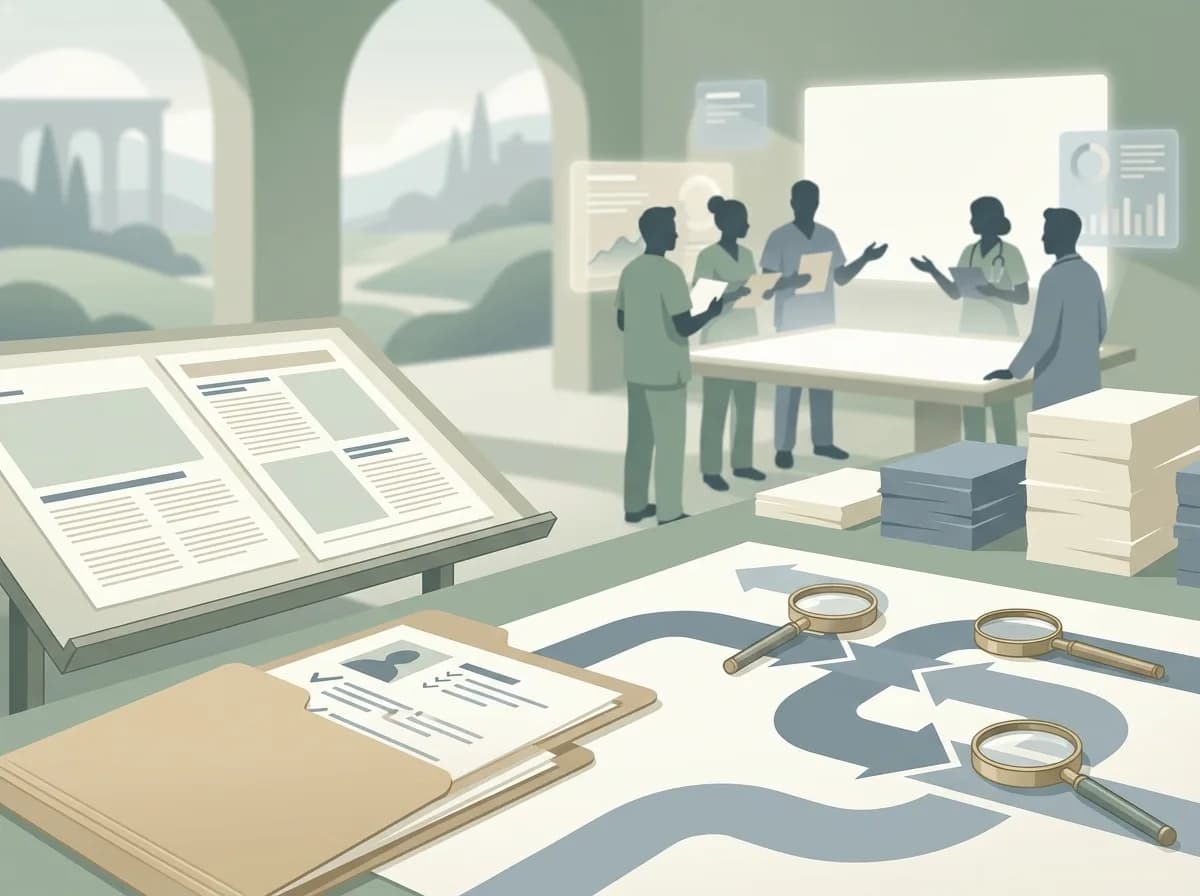 Editorial illustration of a medical content review team and review workflow