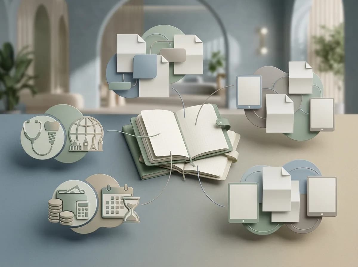 Editorial illustration of a medical travel article hub