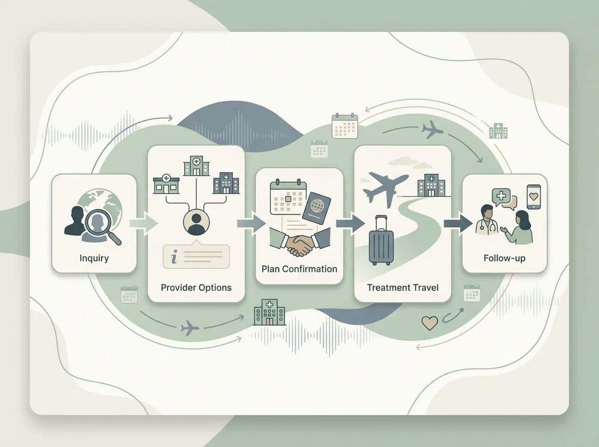 Editorial illustration of a four-step medical travel process